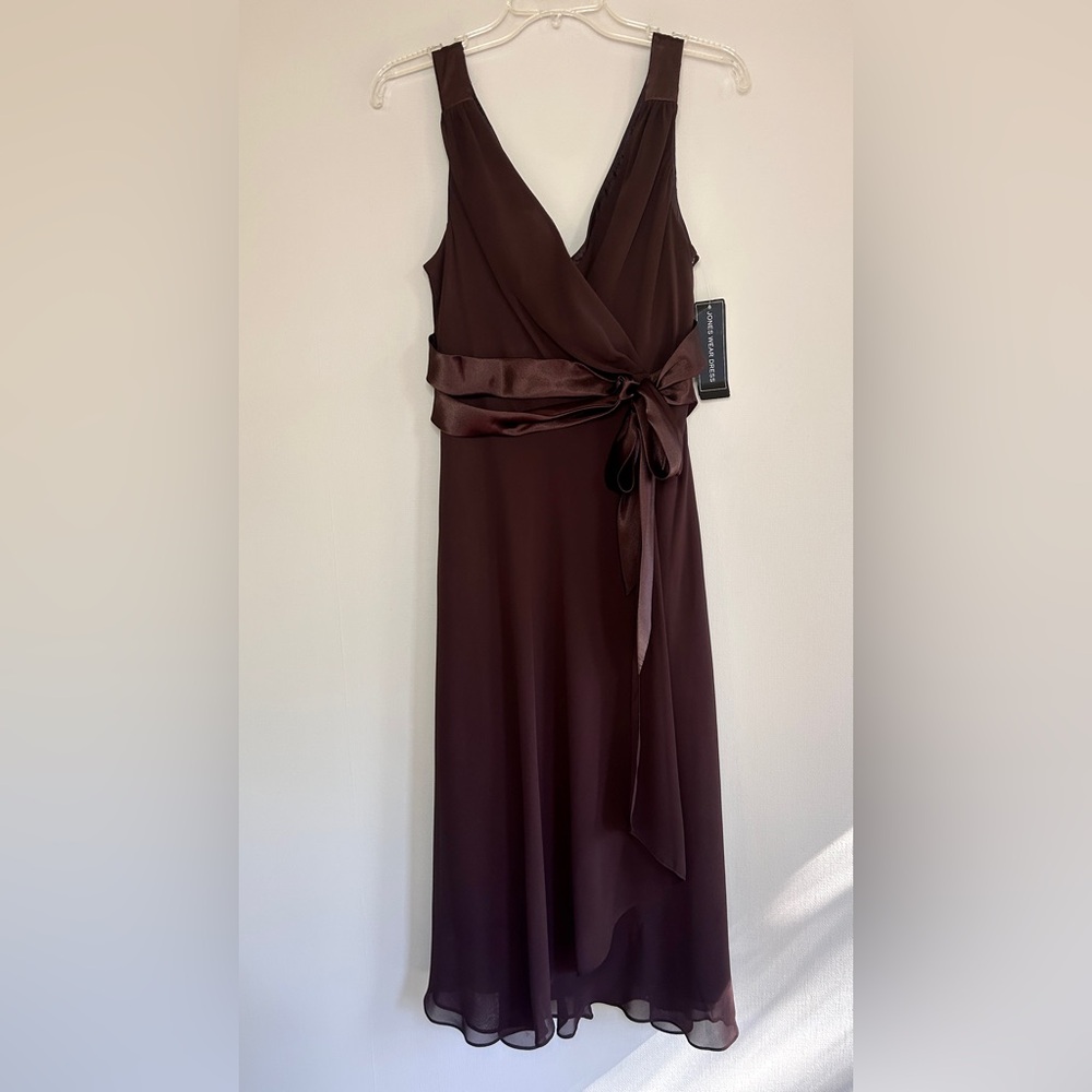 NWT JONES WEAR Babydoll Brown Chiffon Midi Dress Cocktail Fairy Y2K Formal Sz 14 - Picture 4 of 15